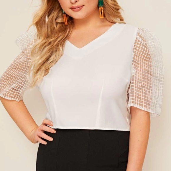 SHEIN Tops - SHEIN Plus Grid Mesh Sleeve White Top XL